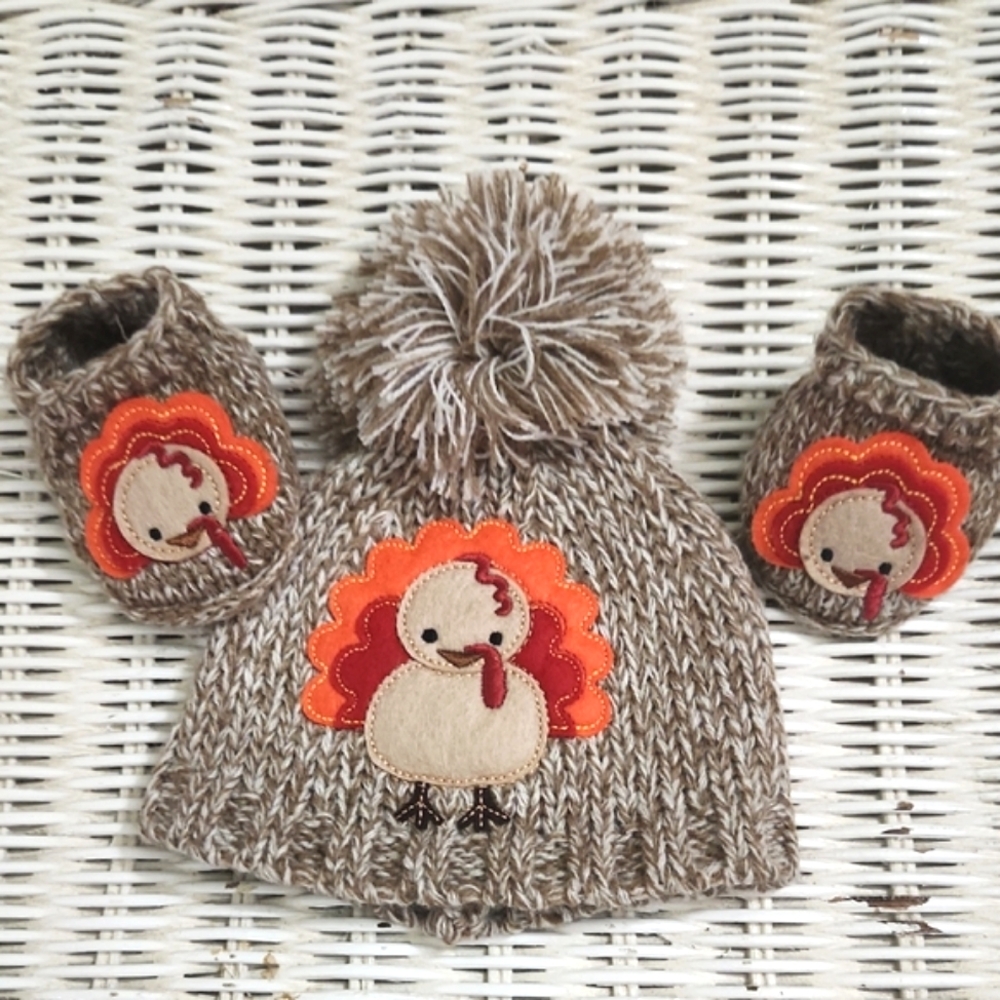 Little Me Brown Knit Turkey Hat and Booties Set